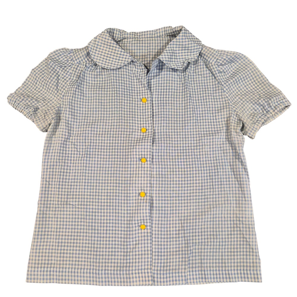 Vintage Blue Gingham Peter Pan Collar Blouse Puff Sleeve Yellow Button Top